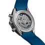 Close-up of the back of the TAG Heuer Carrera Chronograph Extreme Sport watch, displaying its TH20-00 movement through a sapphire caseback and paired with a blue rubber strap.
