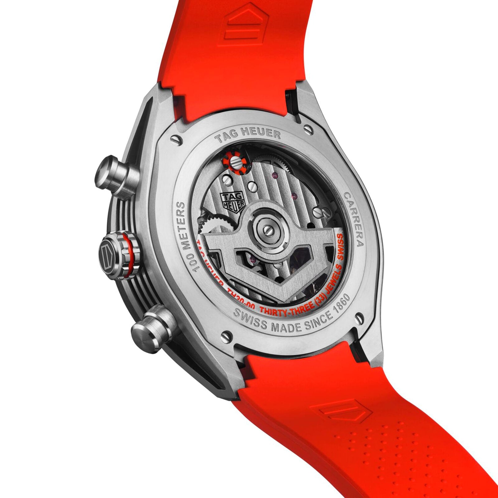 Close-up of the TAG Heuer Carrera Chronograph Extreme Sport’s back, displaying its TH20-00 movement through the stainless steel case and finished with a bold red rubber strap.