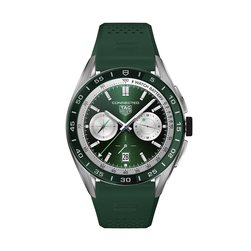 The TAG Heuer Connected Calibre E4 features a green round face, two subdials, and a green rubber strap.