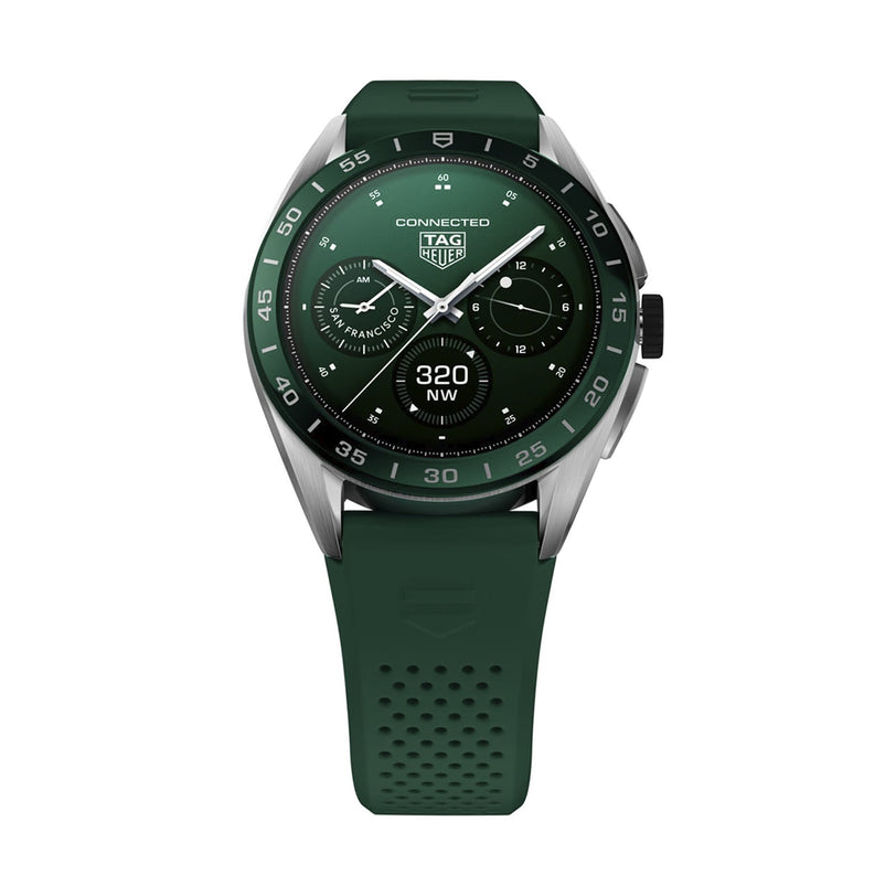 The TAG Heuer Connected Calibre E4 is a green smartwatch featuring a round digital display and green silicone strap, offering time, compass, and activity stats—a perfect fusion of modern design, technology, and luxury watch performance.