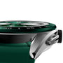 Close-up side view of the TAG Heuer Connected Calibre E4, highlighting its green and silver finish, crown, bezel, dial, and strap—a striking showcase of contemporary luxury performance design.