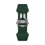 Green perforated rubber strap with a silver TAG Heuer clasp, designed for the Connected Calibre E4 watch, shown from the top view on a white background.