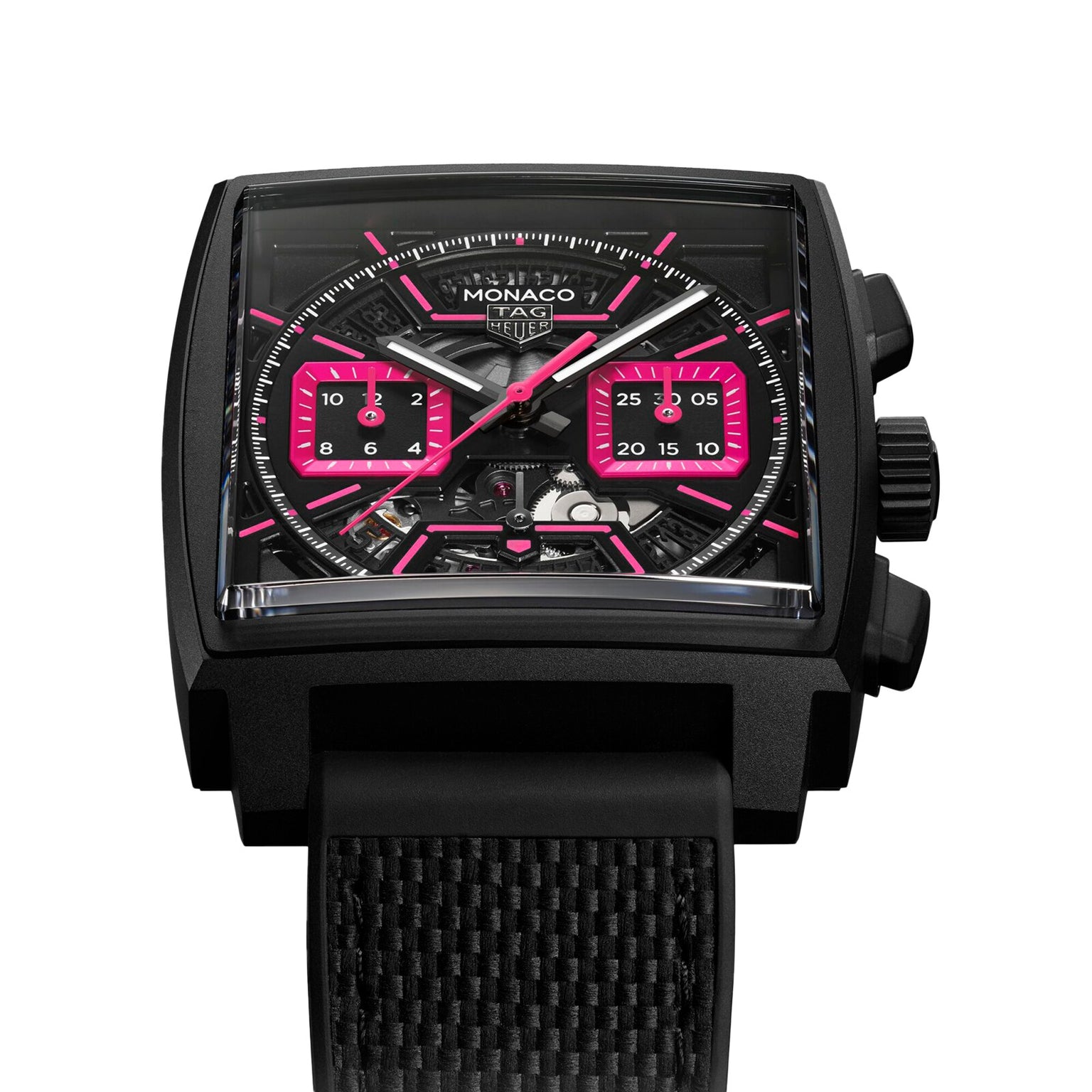 The TAG Heuer Monaco Chronograph features a square titanium case, black dial with two subdials, pink accents, and a textured black strap.