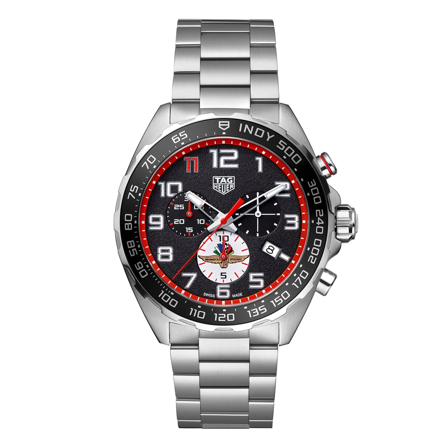 The TAG Heuer Special Edition Formula 1 X Indy 500 features a silver stainless steel bracelet, black dial with red accents, and quartz chronograph movement.