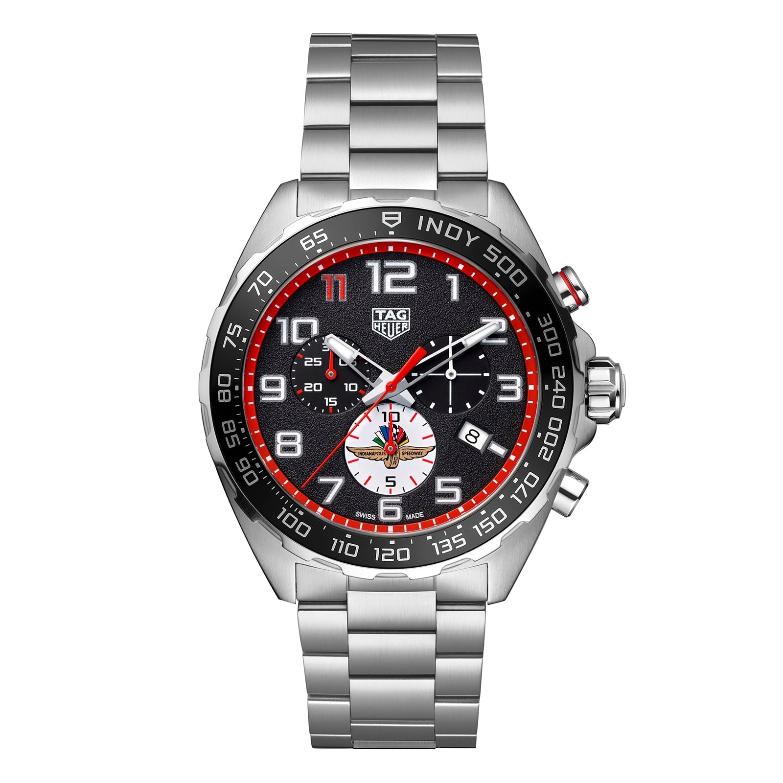 The TAG Heuer Special Edition Formula 1 X Indy 500 features a silver stainless steel bracelet, black dial with red accents, and quartz chronograph movement.