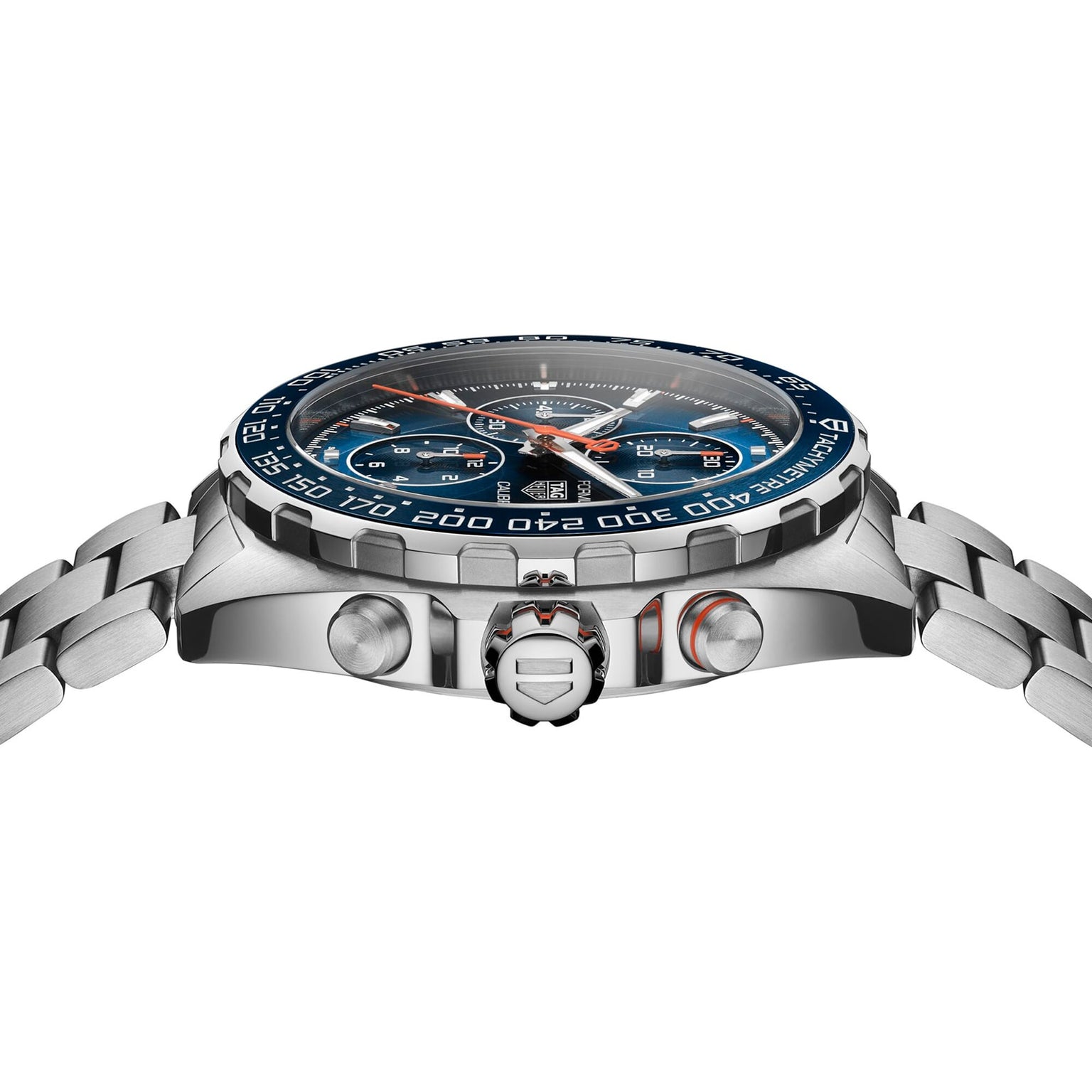 A TAG Heuer Formula 1 Chronograph wristwatch in stainless steel with a blue dial, blue ceramic tachymeter bezel, three subdials, Calibre 16 movement, and a silver bracelet, shown from the side.