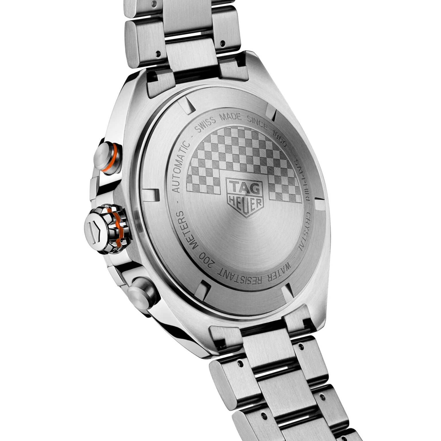 Close-up of the TAG Heuer Formula 1 Chronograph stainless steel back, displaying engraved details like water resistance and Swiss made markings.
