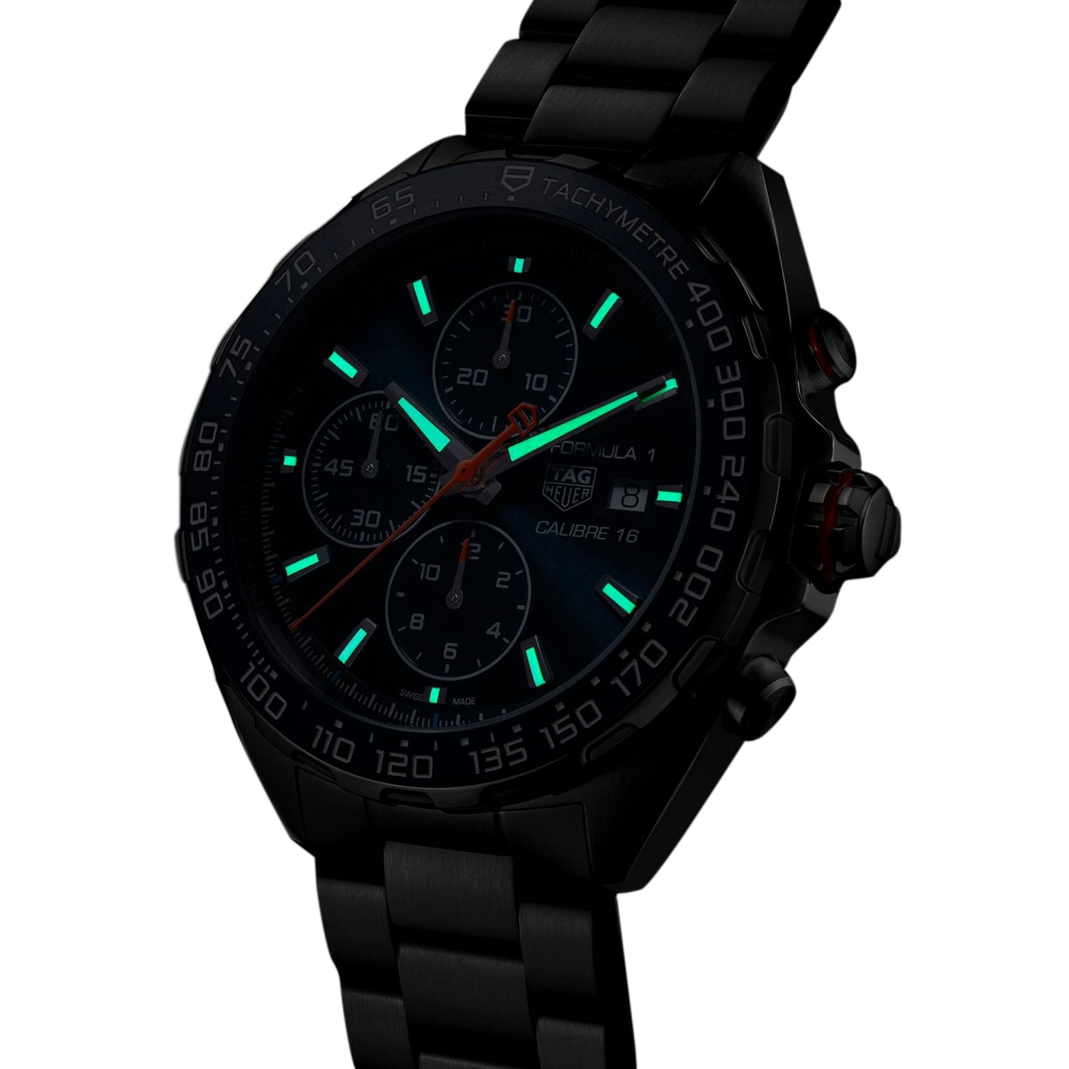 The TAG Heuer Formula 1 Chronograph in black features a blue ceramic tachymeter bezel and luminous green markers and hands that glow in the dark.