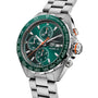The TAG Heuer Formula 1 Chronograph features a stainless steel case, green ceramic tachymeter bezel, green dial with three subdials and date display, plus a silver metal bracelet.