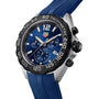 The TAG Heuer Formula 1 Chronograph boasts a blue dial, silver hour markers, a blue rubber strap, and a black tachymeter bezel—ideal for fans of striking chronograph style.