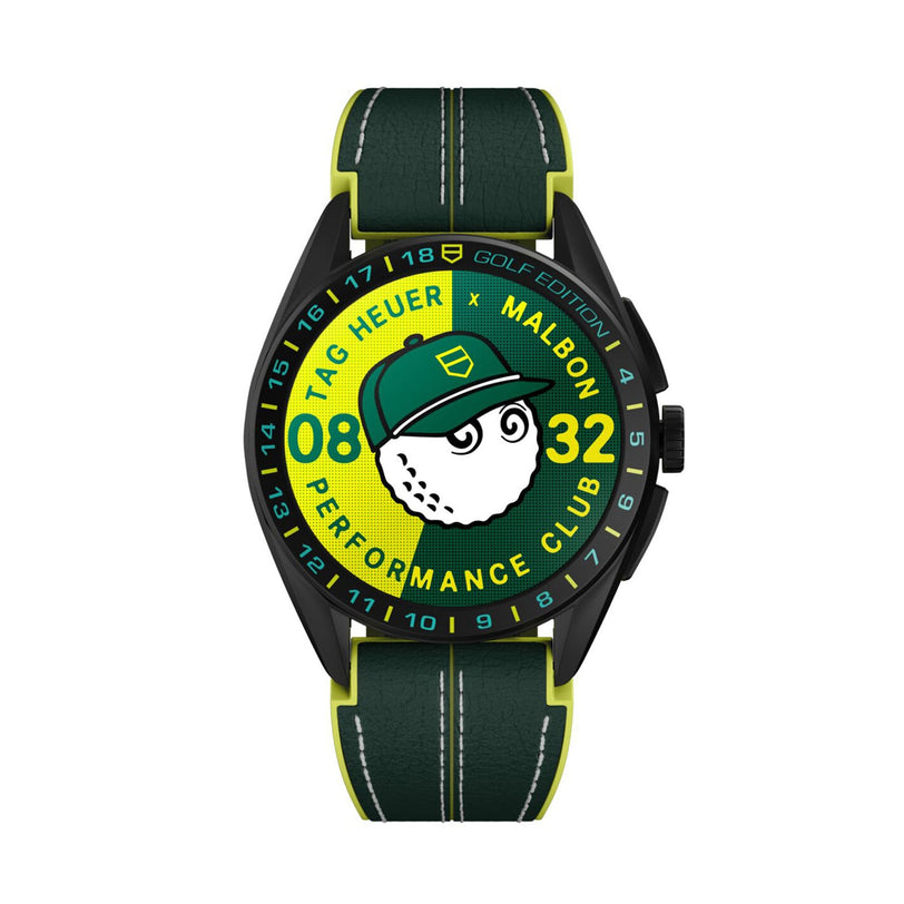 The TAG Heuer Special Edition Connected Calibre E4 Malbon Golf Edition features a green and yellow golf-themed display with a cartoon golf ball character and the words TAG Heuer x Malbon Performance Club.