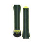 Two dark green watch straps with white stitching and neon yellow edges for the TAG Heuer Special Edition Connected Calibre E4 Malbon Golf Edition are shown side by side; one strap features a black clasp.