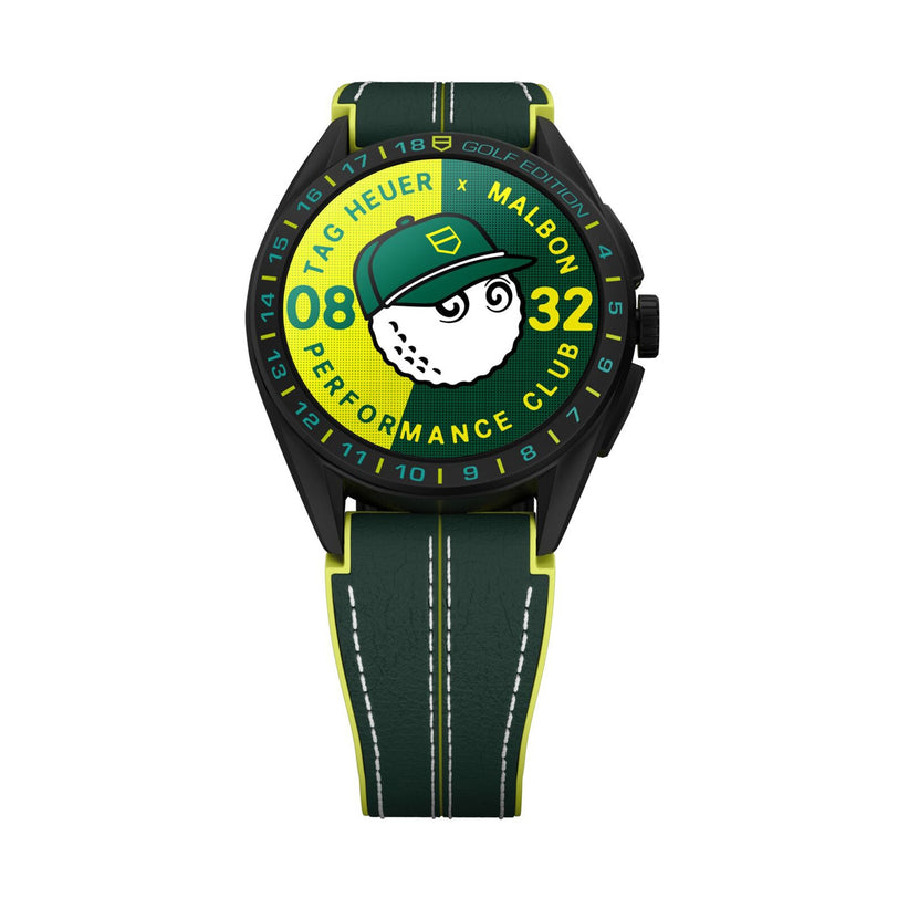 The TAG Heuer Special Edition Connected Calibre E4 Malbon Golf Edition features a green strap and a yellow-green digital display with a cartoon golf ball in a hat, showing the time and “Performance Club.”.