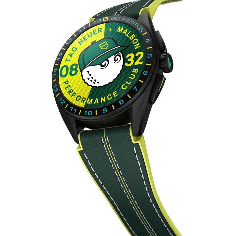 The TAG Heuer Special Edition Connected Calibre E4 Malbon Golf Edition features a green and yellow Malbon Performance Club design and a playful cartoon golf ball character on the dial.