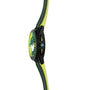 Side view of the TAG Heuer Special Edition Connected Calibre E4 Malbon Golf Edition, featuring a green and yellow strap, round face, and bold matching numbers on the dial, set against a white background.