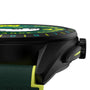 Close-up side view of the TAG Heuer Special Edition Connected Calibre E4 Malbon Golf Edition, featuring a black case, green and yellow accents, textured green strap, and visible crown and buttons on the right.