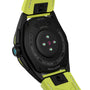 Close-up of the back of the TAG Heuer Special Edition Connected Calibre E4 Malbon Golf Edition, featuring a black case, lime green strap, visible sensors, and engraved details.