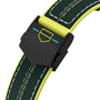 Close-up of the black and yellow clasp with geometric logo on a green leather strap with white stitching, from the TAG Heuer Special Edition Connected Calibre E4 Malbon Golf Edition.