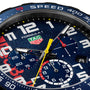 Close-up of the TAG Heuer Limited Edition Formula 1 Chronograph X Oracle Red Bull Racing watch face, featuring three subdials, a yellow second hand, date display, and tachymeter bezel.