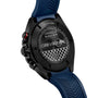 Back view of the TAG Heuer Limited Edition Formula 1 Chronograph X Oracle Red Bull Racing, with a blue strap, featuring the teams logo and ONE OF 3000 marking on the case back.
