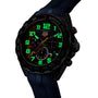 The TAG Heuer Limited Edition Formula 1 Chronograph X Oracle Red Bull Racing features a black bezel, blue strap, and illuminated green and orange numerals and hands on the dial.