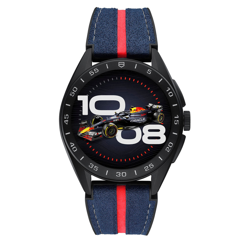 The TAG Heuer Special Edition Connected Calibre E4 x Oracle Red Bull Racing features a blue and red striped fabric band, racing-inspired dial with a race car image, and large white 10 and 08 numbers.