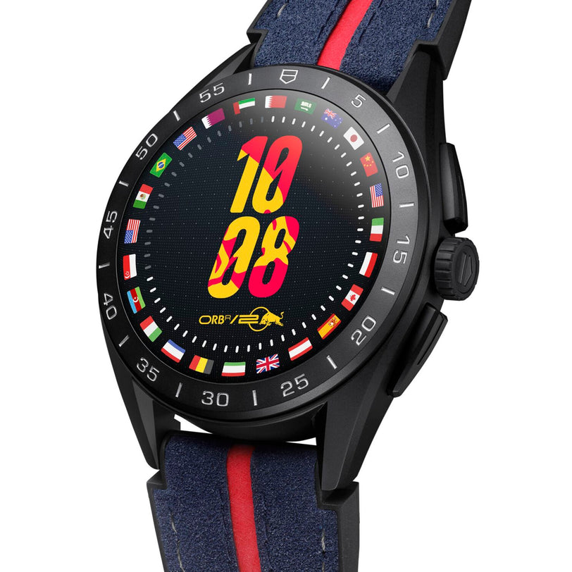 The TAG Heuer Special Edition Connected Calibre E4 x Oracle Red Bull Racing Edition features a black case, blue and red strap, international flag bezel inspired by racing, and displays 19:08 for a sporty touch.