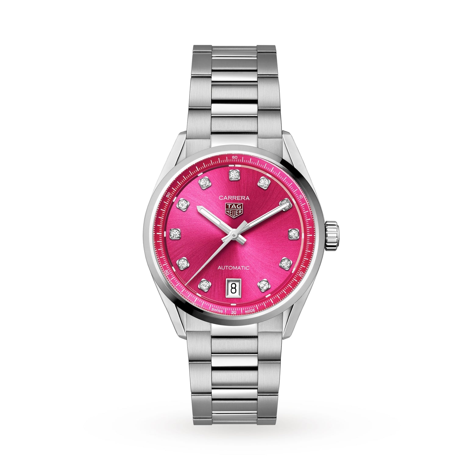 The TAG Heuer Carrera Date features a silver band, a bright pink dial, diamond hour markers, and a date display at the 6 o’clock position.