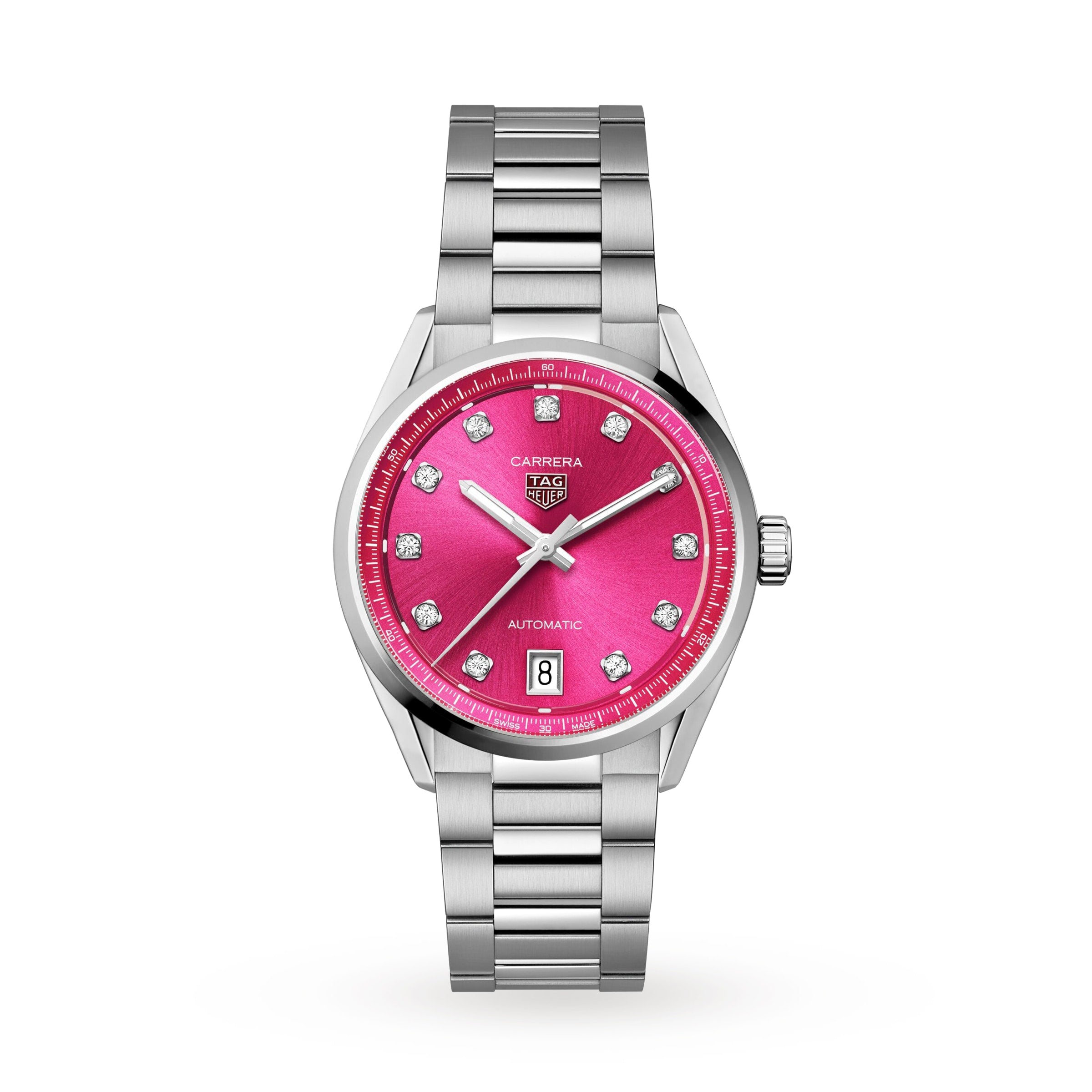 The TAG Heuer Carrera Date features a silver band, a bright pink dial, diamond hour markers, and a date display at the 6 o’clock position.