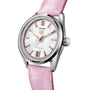 The TAG Heuer Carrera Calibre 7 features a mother-of-pearl dial, rose gold-plated indexes, diamond bezel, date display, and a pink leather strap.