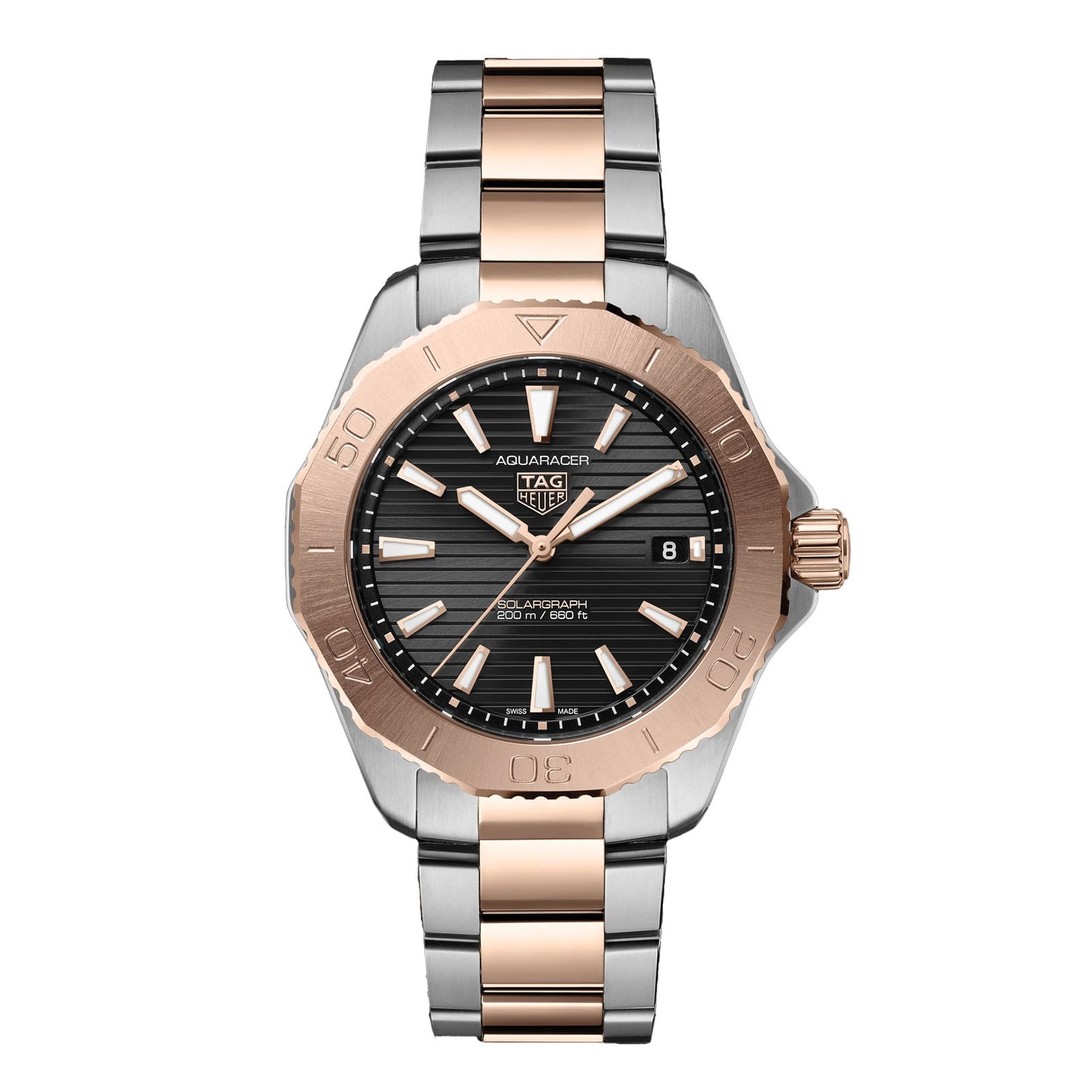 The TAG Heuer Aquaracer Professional 200 Solargraph features a black dial, date display, and an eye-catching two-tone silver and rose gold stainless steel bracelet.