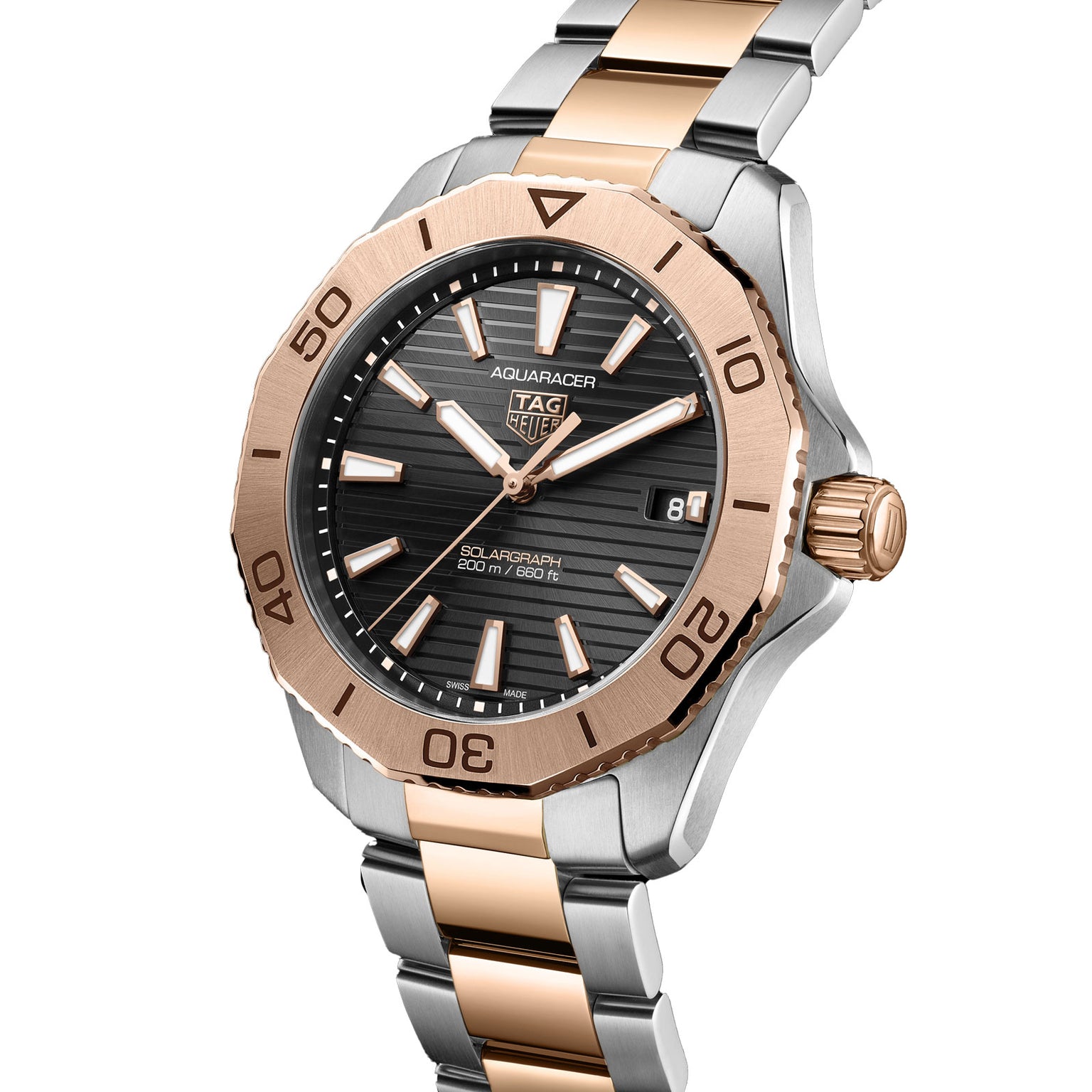 The TAG Heuer Aquaracer Professional 200 Solargraph features a black dial, date display, rose gold bezel, and an elegant two-tone silver and rose gold metal band.