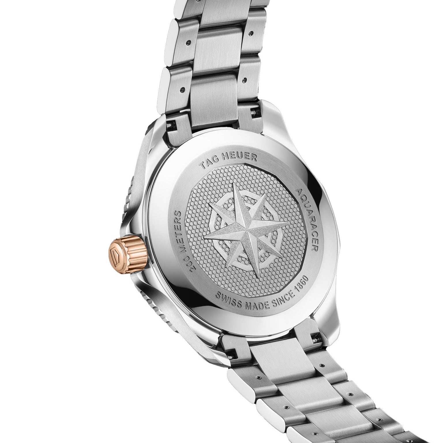 Close-up of the TAG Heuer Aquaracer Professional 200 Solargraphs back, showing a compass rose engraving, two-tone stainless steel bracelet, and gold-tone crown.
