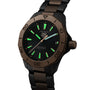 The TAG Heuer Aquaracer Professional 200 Solargraph showcases a bold two-tone design with a black and bronze bezel, luminous green markers and hands, and a sleek black metal bracelet.
