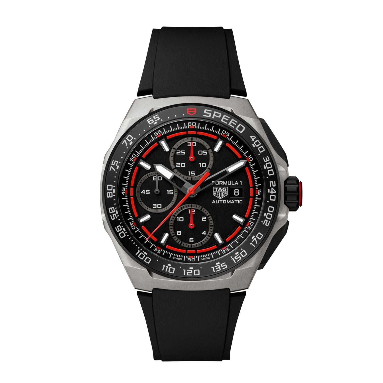 The TAG Heuer Formula 1 Chronograph features a black dial with red accents, three subdials, a black rubber strap, and a tachymeter bezel—reflecting the brand’s motorsport heritage and offering precise timing for any occasion.