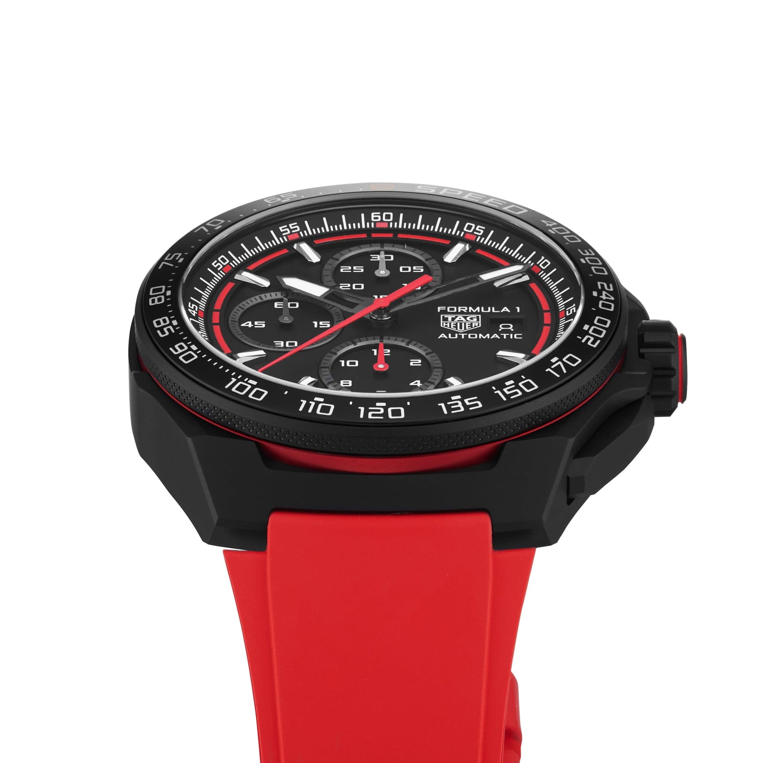 A TAG Heuer Formula 1 Chronograph with a black bezel and red rubber strap, featuring an automatic movement, is shown at an angle.