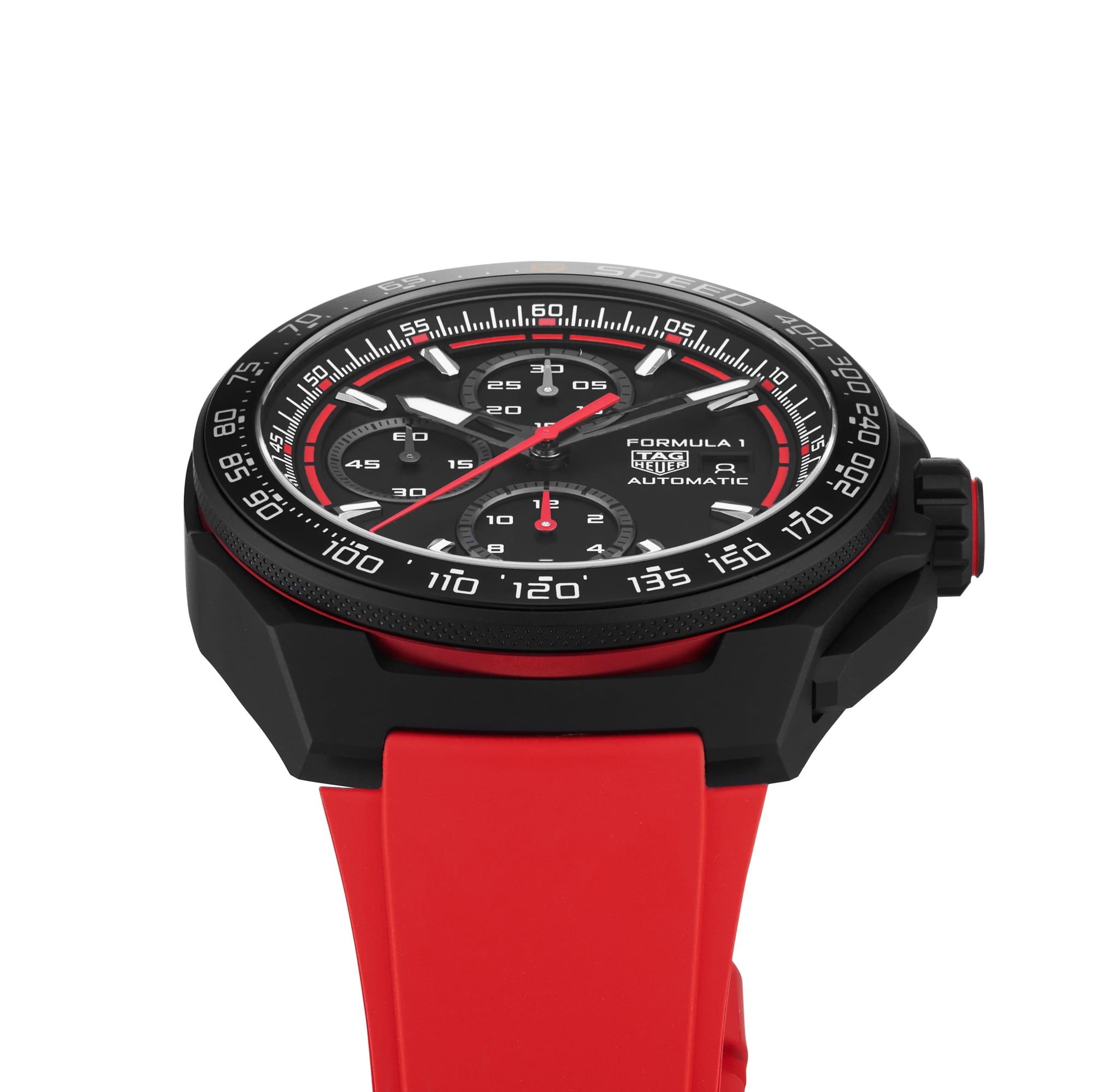 A TAG Heuer Formula 1 Chronograph with a black bezel and red rubber strap, featuring an automatic movement, is shown at an angle.