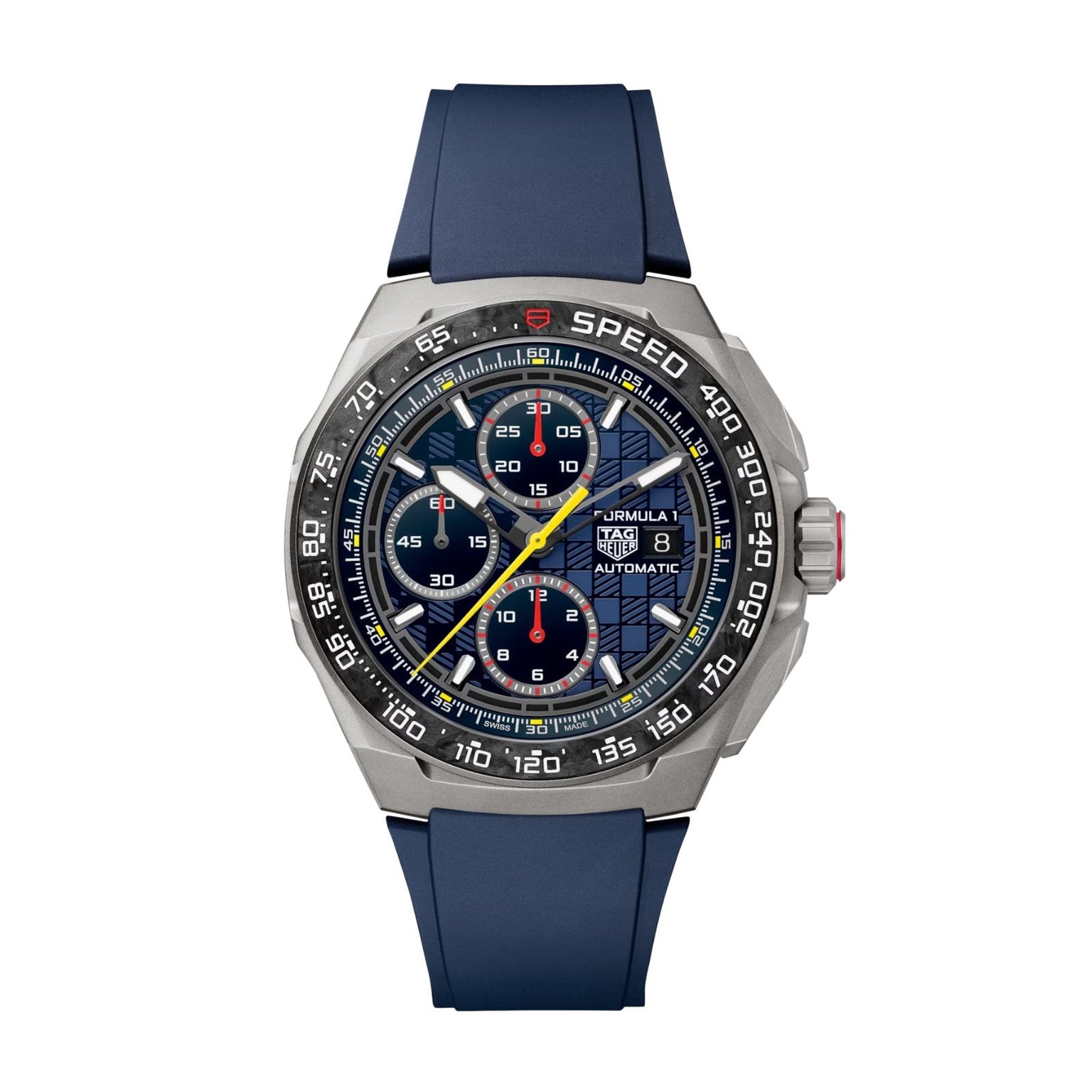 The TAG Heuer Formula 1 Chronograph X Oracle Red Bull Racing features a blue dial with multiple subdials, a stainless steel case, and a blue strap, offering both timekeeping and stopwatch functions in a motorsport-inspired design.