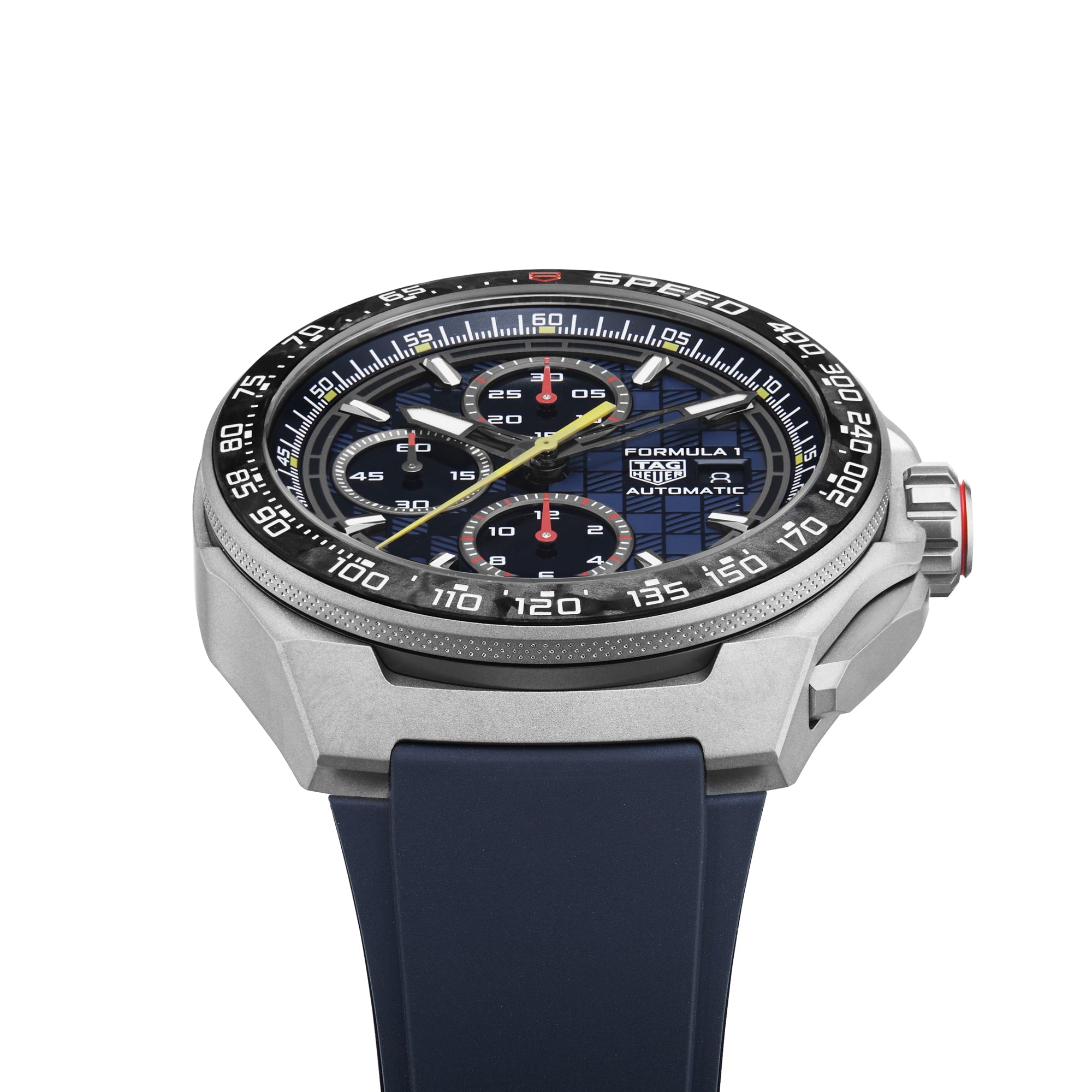 The TAG Heuer Formula 1 Chronograph X Oracle Red Bull Racing features a black tachymeter bezel, blue dial with subdials, yellow accents, and a blue rubber strap, showcased at an angle to highlight the side crown.
