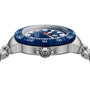 Side view of a TAG Heuer Formula 1 Solargraph wristwatch featuring a silver and blue design, metal band, and detailed bezel.