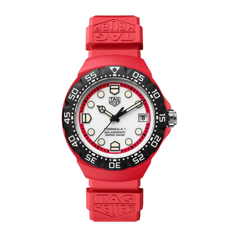 The TAG Heuer Formula 1 Solargraph features a striking red design with a black bezel and white dial, highlighted by bold hour markers.