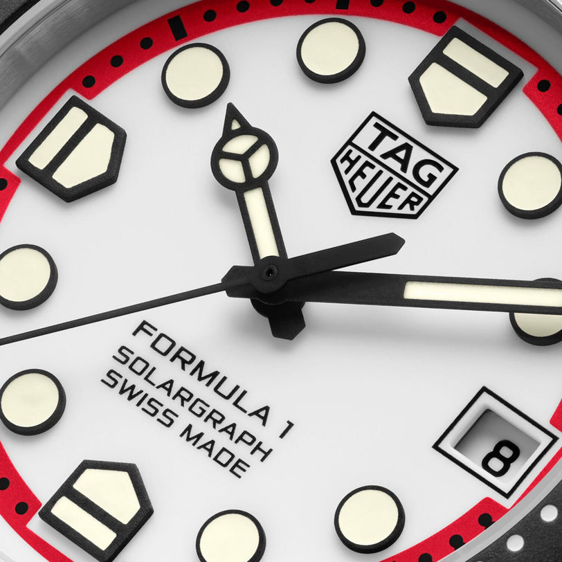 Close-up of the TAG Heuer Formula 1 Solargraph watch face, featuring bold markers and a date display at 3 oclock.