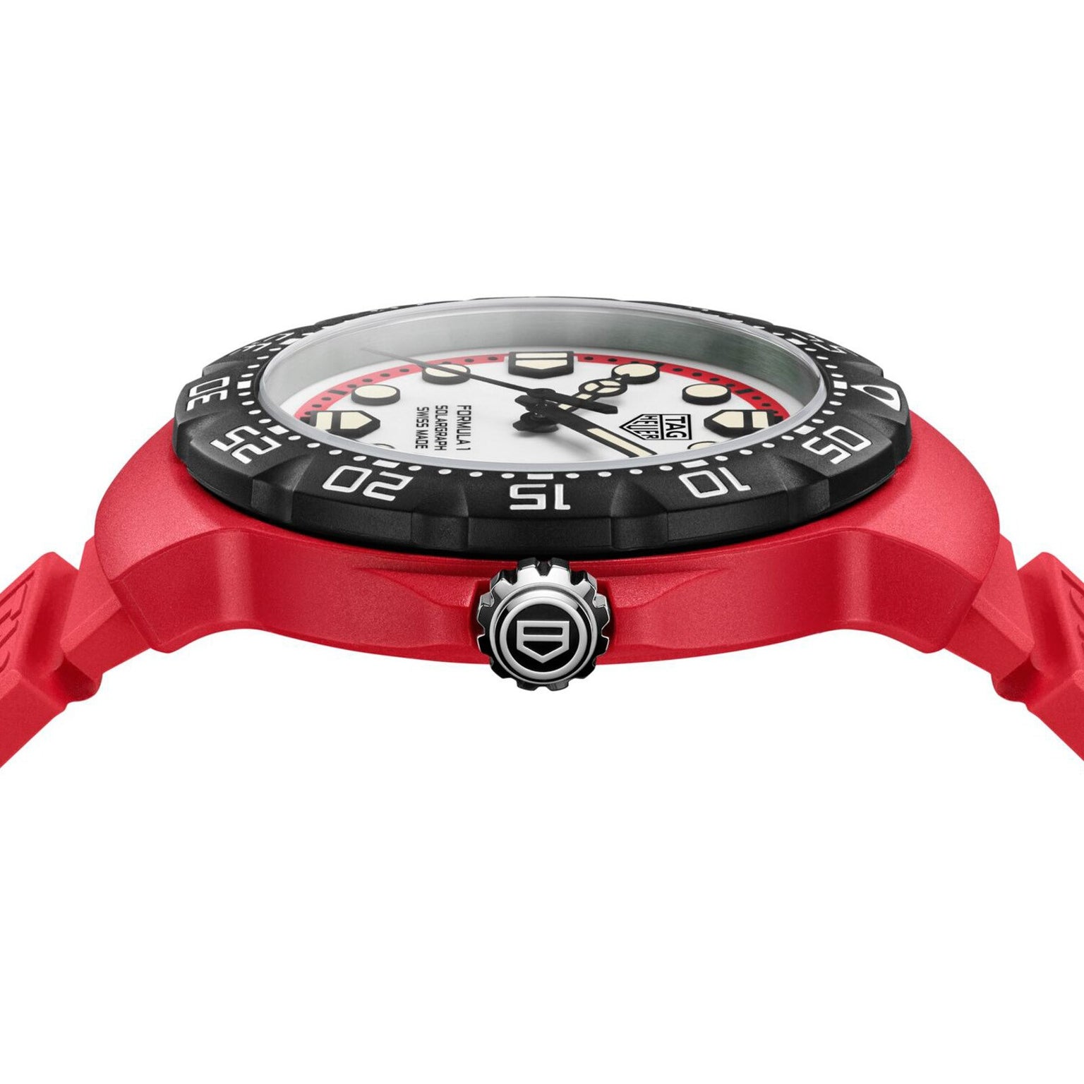 Side view of the TAG Heuer Formula 1 Solargraph, a red sports wristwatch with a white face and black bezel, highlighting the crown and strap details.