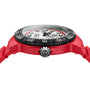 Side view of the TAG Heuer Formula 1 Solargraph, a red sports wristwatch with a white face and black bezel, highlighting the crown and strap details.