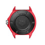 Back view of the TAG Heuer Formula 1 Solargraph featuring a red case, black back, and engraved logo and text.