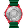 Back of a TAG Heuer Formula 1 Solargraph watch with red case, green strap, and engraved text One of 1000.