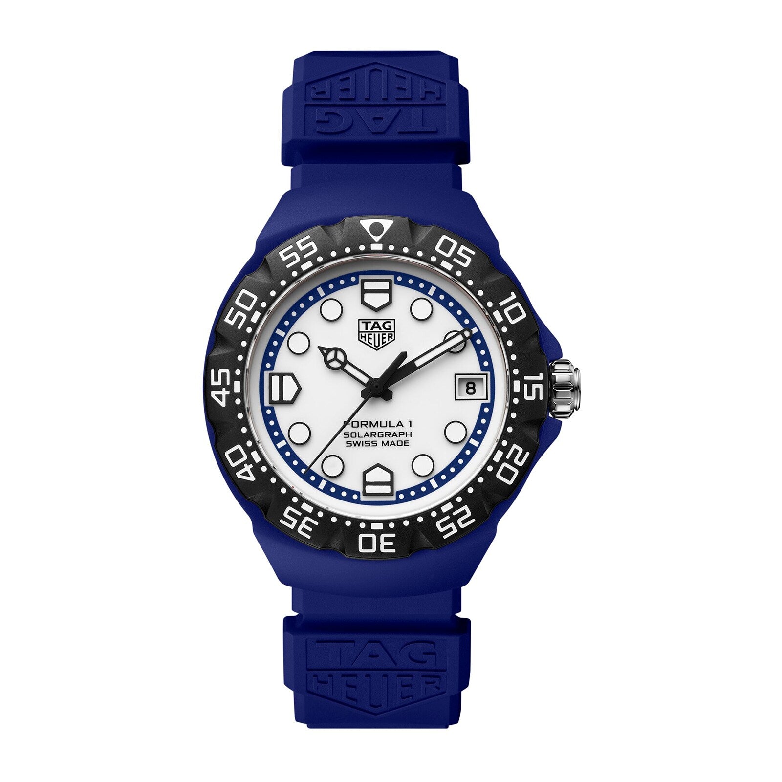 Blue TAG Heuer Formula 1 Solargraph watch featuring a white dial, black bezel, and blue rubber strap.