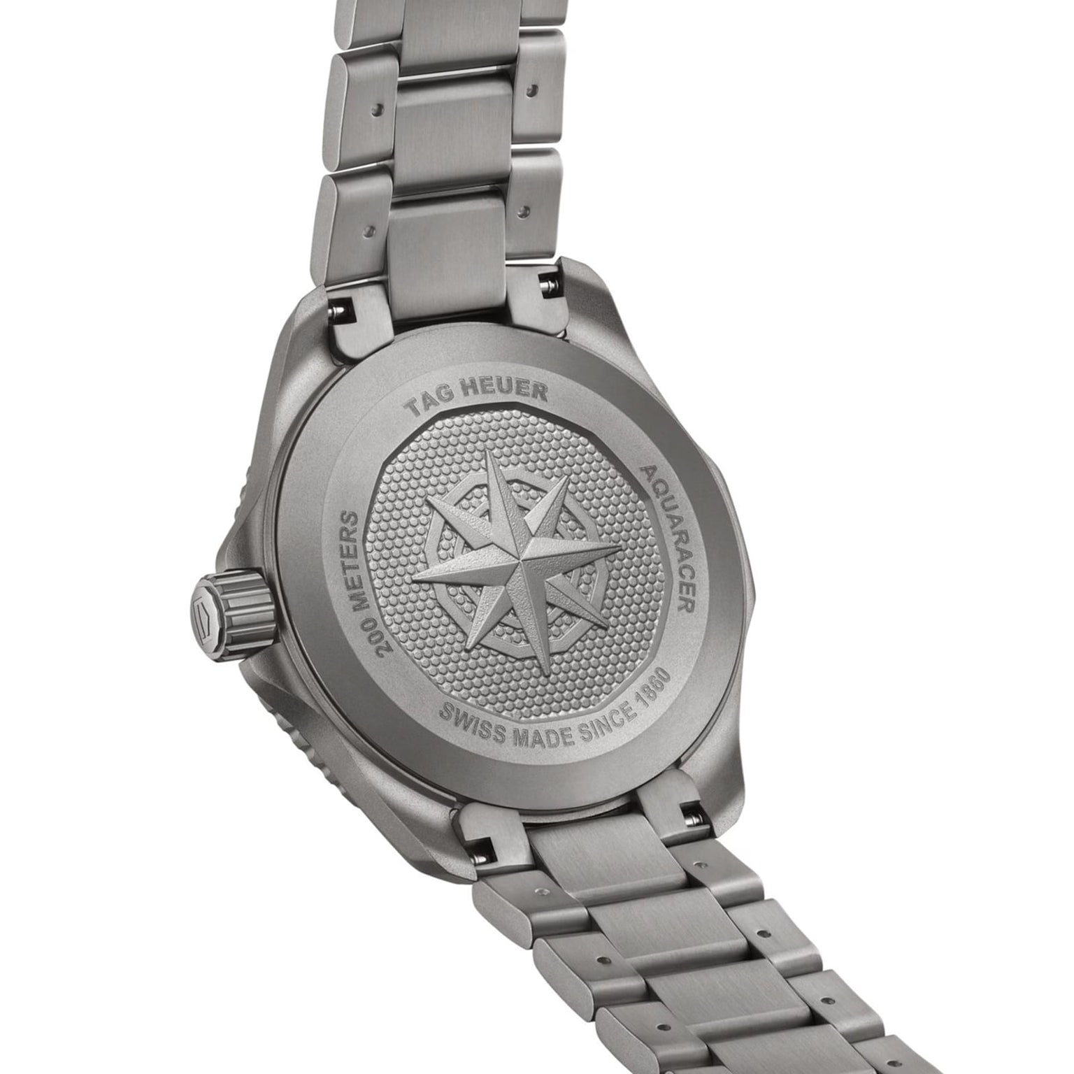 Back of a TAG Heuer Aquaracer Professional 200 Solargraph watch featuring an engraved compass design and metal bracelet.