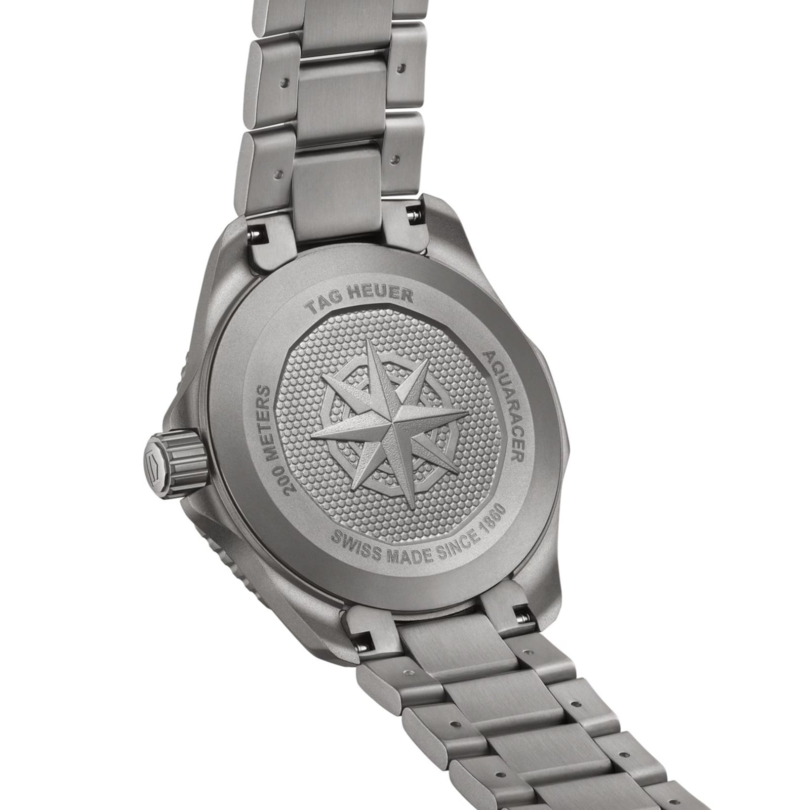 Back of a TAG Heuer Aquaracer Professional 200 Solargraph watch featuring an engraved compass design and metal bracelet.