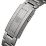 Close-up of the TAG Heuer Aquaracer Professional 200 Solargraph’s stainless steel clasp, engraved with the shield logo.